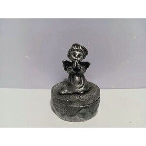 Vintage Pewter Boy Angel Trinket Box w/ Rhinestone Halo Figurine 2"